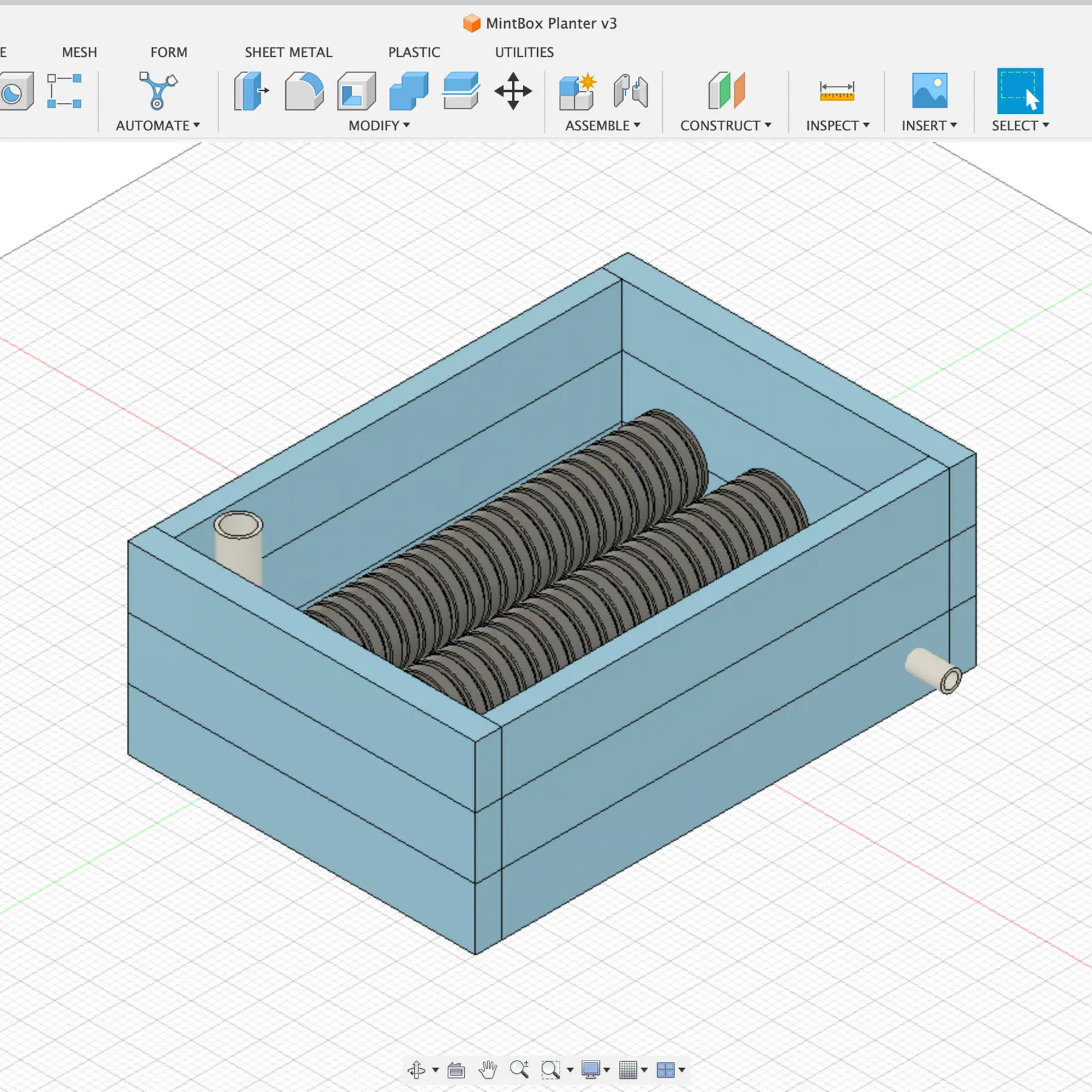 A CAD model of the Auto-Watering Planter showing the frame and internal pipe layout.